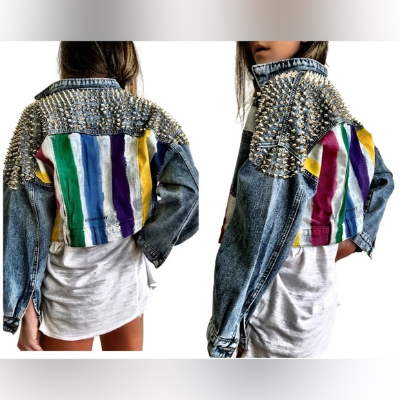 Wren + Glory Jackets & Blazers - New! Wren + Glory Always Hand Painted Rainbow Spike Denim Jacket 🌈 Large
